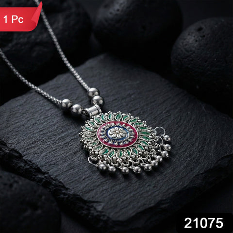 Antique Silver-Tone Oxidized Floral Mandala Pendant Necklace (1 Pc)