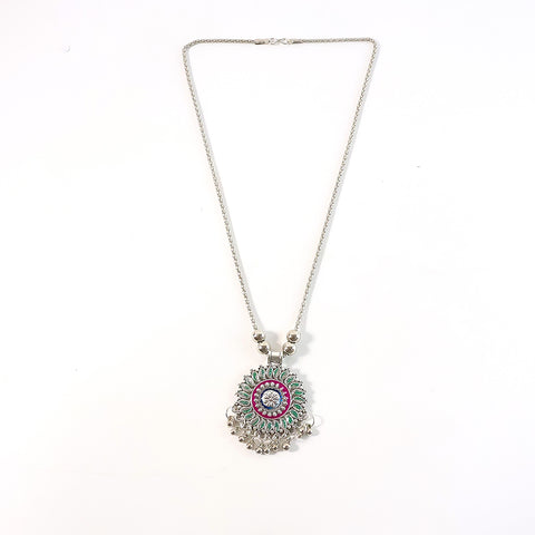 Antique Silver-Tone Oxidized Floral Mandala Pendant Necklace (1 Pc)