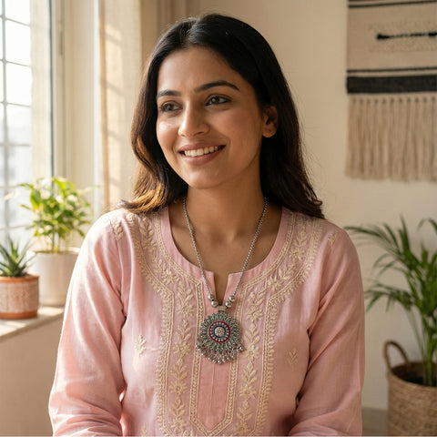 Antique Silver-Tone Oxidized Floral Mandala Pendant Necklace (1 Pc)