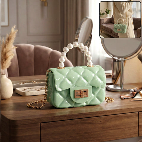 Elegant Quilted Mini Handheld & Sling Handbag with Pearl Handle For Woman