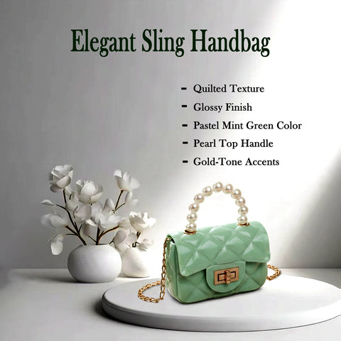 Elegant Quilted Mini Handheld & Sling Handbag with Pearl Handle For Woman