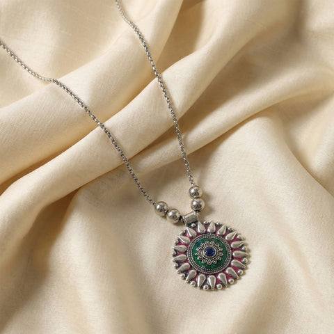 Oxidized Silver Finish Traditional Round Mandala Pendant Necklace with Beaded Chain