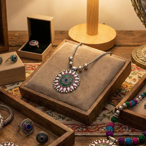 Oxidized Silver Finish Traditional Round Mandala Pendant Necklace with Beaded Chain