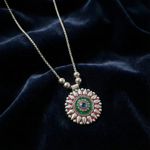 Oxidized Silver Finish Traditional Round Mandala Pendant Necklace with Beaded Chain