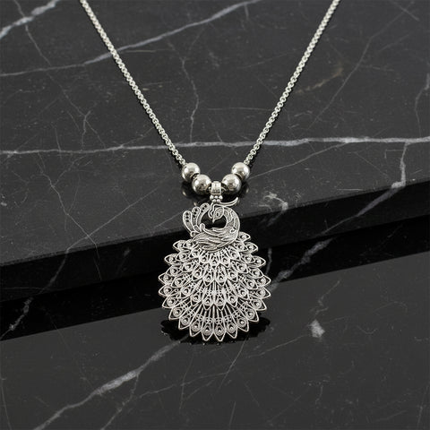 Elegant Peacock Design Oxidised Silver Finish Pendant Necklace with Beaded Chain