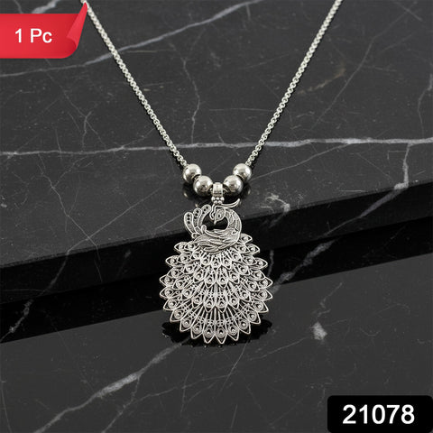 Elegant Peacock Design Oxidised Silver Finish Pendant Necklace with Beaded Chain