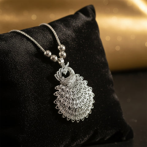 Elegant Peacock Design Oxidised Silver Finish Pendant Necklace with Beaded Chain