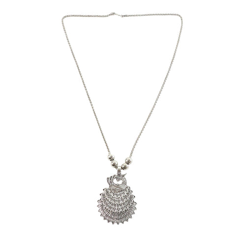 Elegant Peacock Design Oxidised Silver Finish Pendant Necklace with Beaded Chain