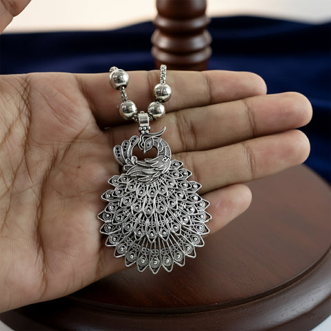 Elegant Peacock Design Oxidised Silver Finish Pendant Necklace with Beaded Chain