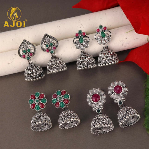 Enhance your ethnic look with this stunning Oxidised Silver Jhumka Earrings Combo Set,