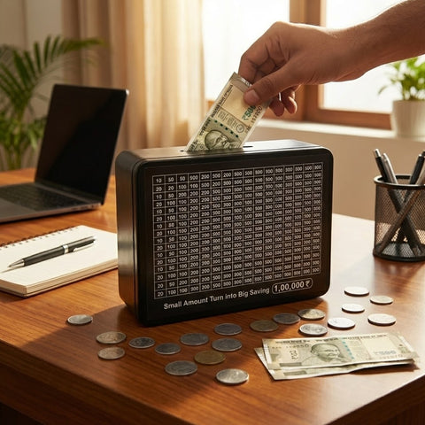 Reusable Savings Tracker Money Box with Printed Goal Chart – Daily Money Saving Challenge Box for Home, Office & Personal Budget